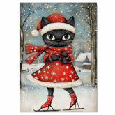 Christmas Wall Art Featuring Cute Black Cat in Red Santa Dress Ice Skating Through a Snowy Forest Whimsical Holiday Illustration for Winter Decor and Cat Lovers on Ready to Hang 1.5" Thick Canvas Wrap, Floating Framed Canvas, Flat Rolled Canvas